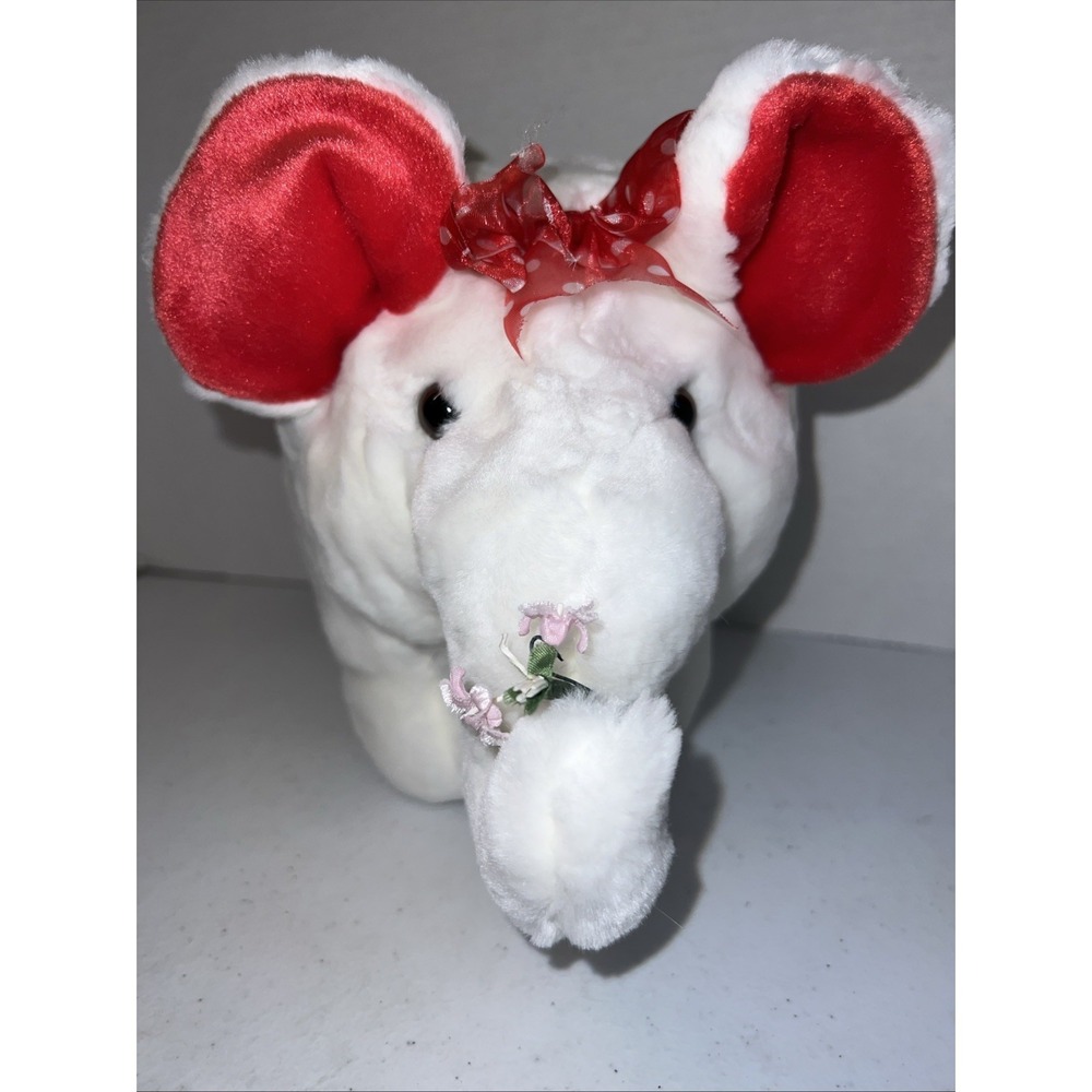 Vintage Walmart Plush White Elephant Red Polka Dot Bow Valentines Flower‎ 10"